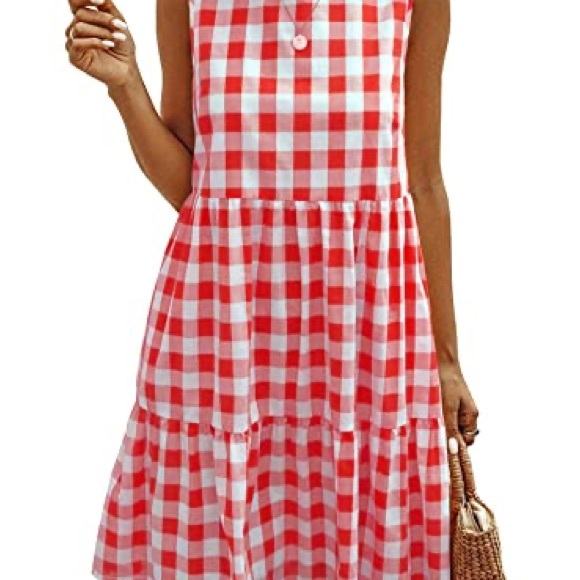 Pretty Garden Sleeveless Summer Dress NWT red white Buffalo plaid checked ruffle - Picture 2 of 9